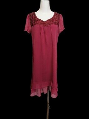💅🏻 100% Silk, Embellished Scoop Neck Dress - Deep Berry